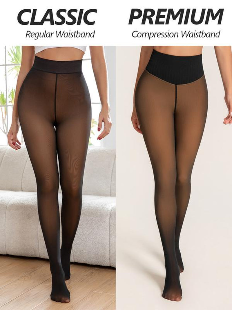 OUFALI One-Seam & 4 Shades Fleece Lined Tights Women Sheer Black Fleece Pantyhose Winter Warm Thermal Fake Translucent Leggings Closed Foot