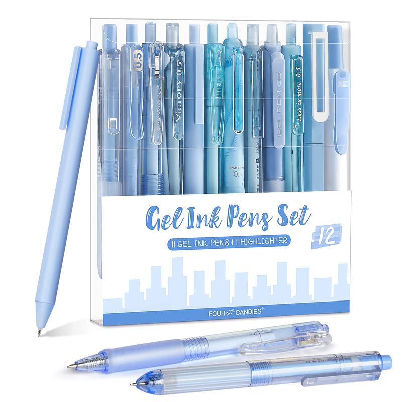 Four Candies 12PCS Pastel Gel Ink Pen Set with Case, Cute Retractable 0.5Mm Fine Point 11PCS Black Ink Pens with 1PCS Highlighter, Aesthetic Pens for School, Student Note Taking, Writing, Office Supplies