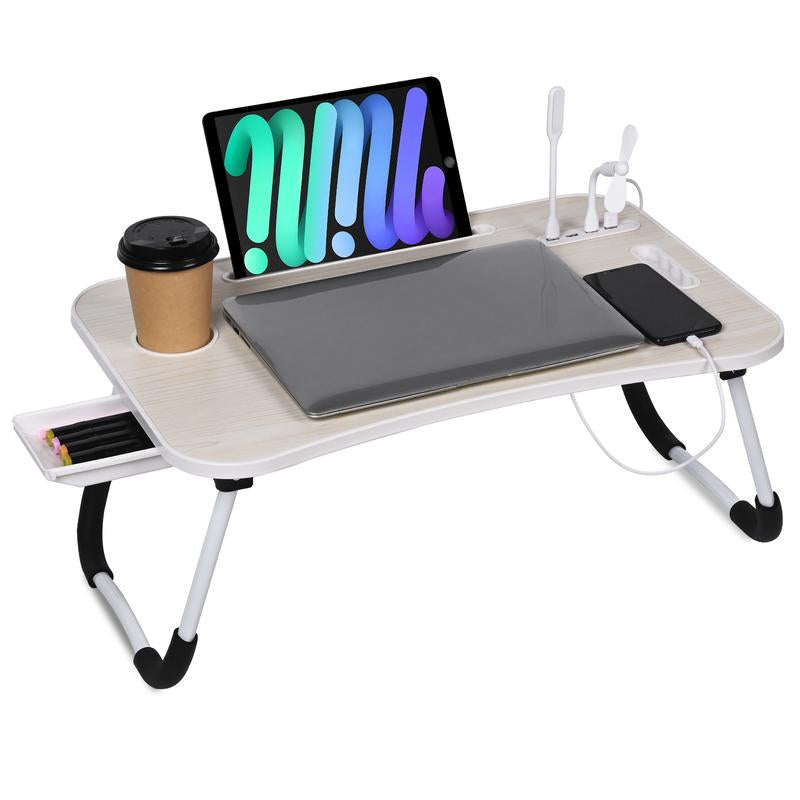 Laptop Bed Desk, Portable Foldable Laptop Table, Lap Desk Tray Table with 4 USB Ports, Storage Drawer and Cup Holder, for Bed/Couch Working, Reading