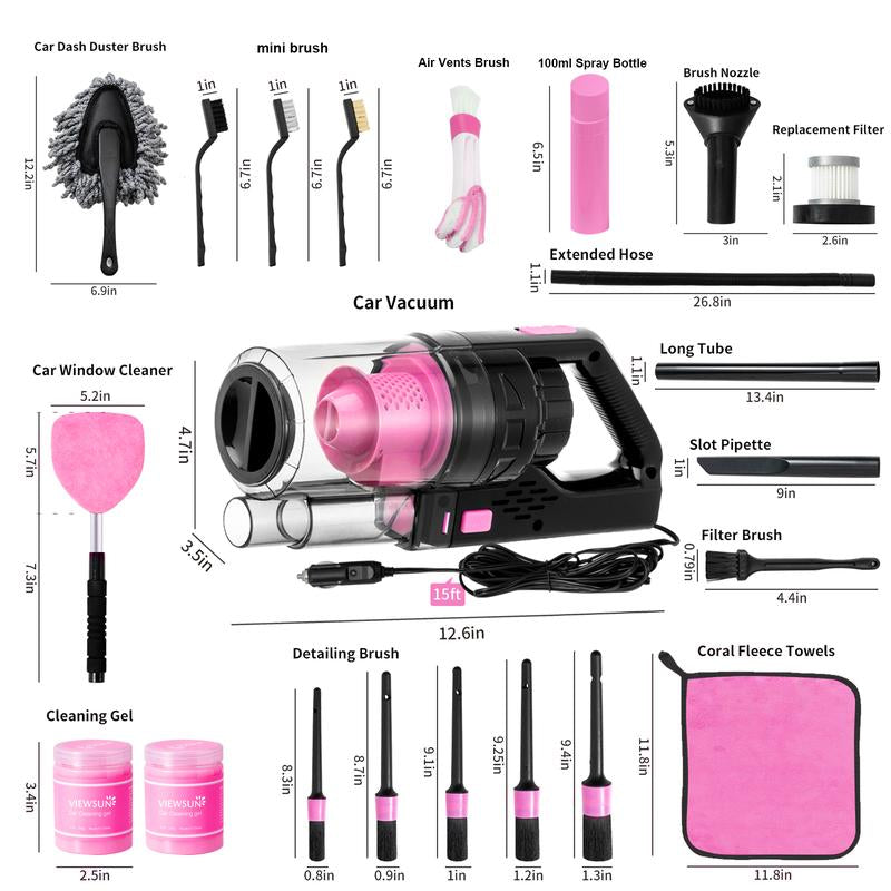 Viewsun 17Pcs Car Cleaning Kit, Pink Car Interior Detailing Kit with High Power Handheld Vacuum, Detailing Brush Set, Windshield Cleaner, Cleaning Gel, Complete Auto Accessories for Women Gift