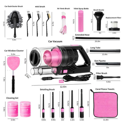 Viewsun 17Pcs Car Cleaning Kit, Pink Car Interior Detailing Kit with High Power Handheld Vacuum, Detailing Brush Set, Windshield Cleaner, Cleaning Gel, Complete Auto Accessories for Women Gift