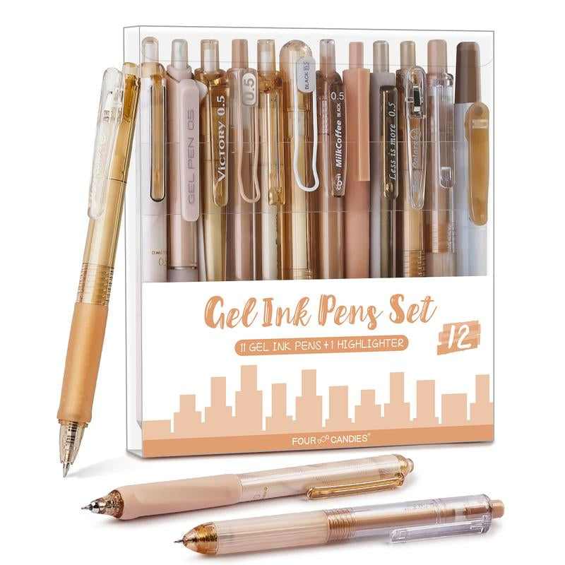 Four Candies 12PCS Pastel Gel Ink Pen Set with Case, Cute Retractable 0.5Mm Fine Point 11PCS Black Ink Pens with 1PCS Highlighter, Aesthetic Pens for School, Student Note Taking, Writing, Office Supplies