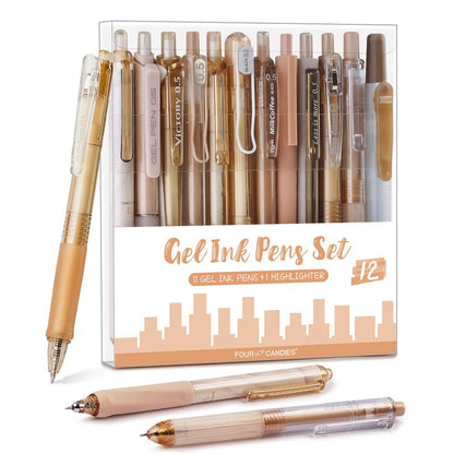 Four Candies 12PCS Pastel Gel Ink Pen Set with Case, Cute Retractable 0.5Mm Fine Point 11PCS Black Ink Pens with 1PCS Highlighter, Aesthetic Pens for School, Student Note Taking, Writing, Office Supplies