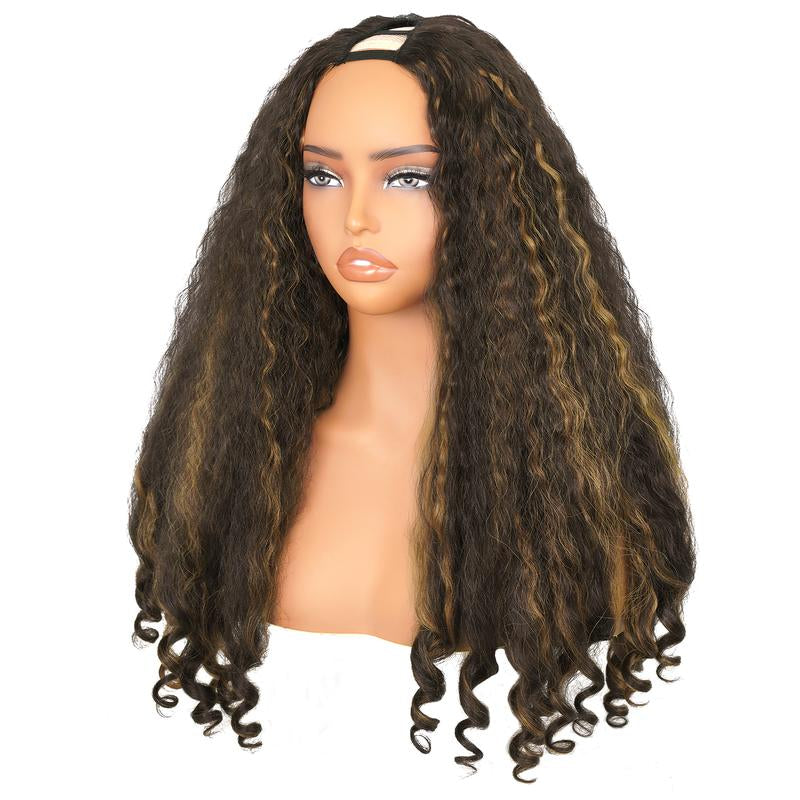 New Afro V Part with Curly in the End Wig Kinky Synthetic Hair Texture with Unique Bouncy Curls in the End 20 Inch Soft Curly Full Hair V Part Wigs Synthetic for Black Women No Leave Out Clip in Half Wig