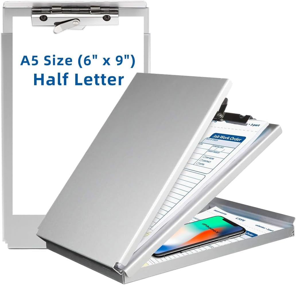 Aluminum Clipboard with Storage(Memo Size), Recycled Metal Form Holder Binder Fits Paper Size up to 5.66 X 9.5 Inches, A5 Size