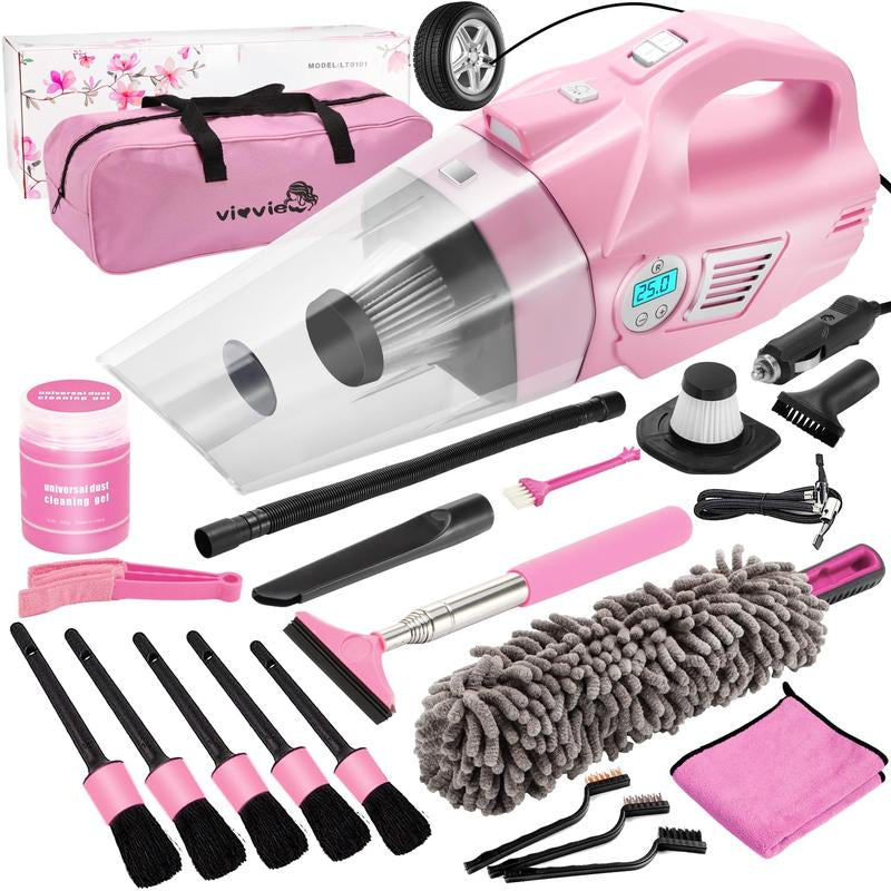Viewsun 17Pcs Car Cleaning Kit, Pink Car Interior Detailing Kit with High Power Handheld Vacuum, Detailing Brush Set, Windshield Cleaner, Cleaning Gel, Complete Auto Accessories for Women Gift