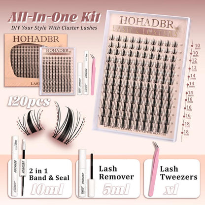 HOHADBR Fairy Lash Clusters Kit Natural Individual Lashes Wispy Eyelash Extensions 10-16Mm Lash Extension Kit Lash Bond and Seal Waterproof, Lash Applicator, Thick False Eyelashes Kit
