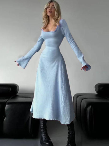 Women'S Plain Lace up Tie Back Flounce Sleeve Dress, 1 Count Elegant Square Neck Long Sleeve a Line Dress for Formal Party Holiday Wedding Guest, Ladies Fall & Winter Clothes