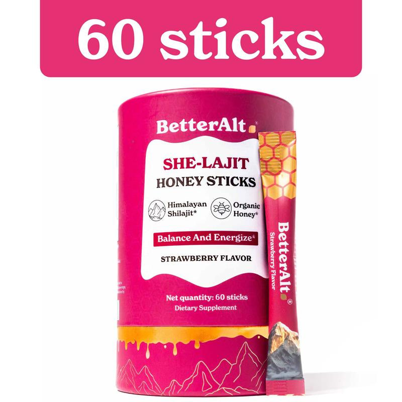 Women Multi-Mineral Honey Sticks | Betteralt She-Lajit Strawberry Flavor | Shilajit, Shatavari & Saffron | Hormonal Balance & Energy - 30 Honey Packs